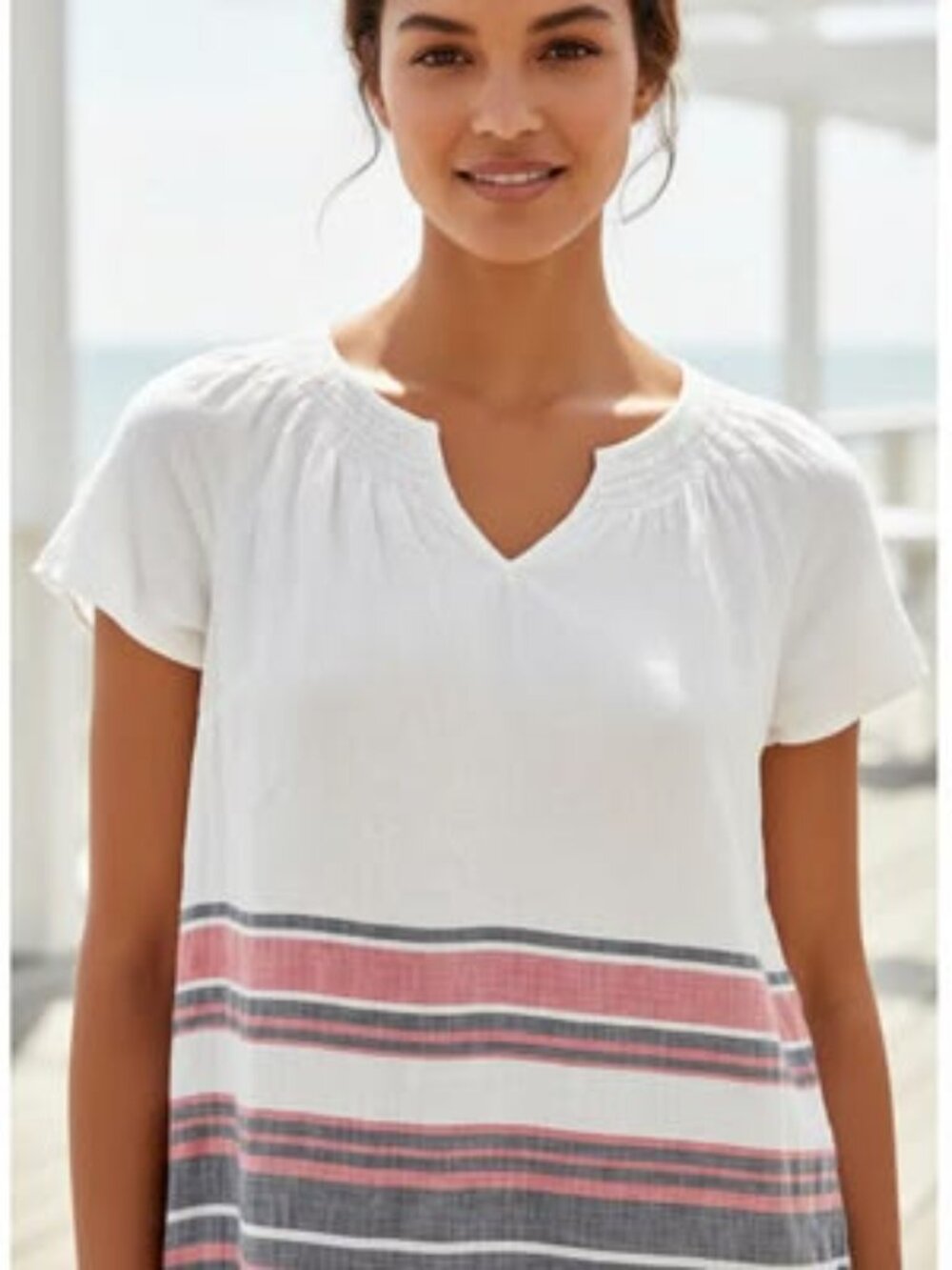 Talbots Stripe 100% Linen Smocked V-Neck Top w/ Red & Navy Stripe Bands, Size P